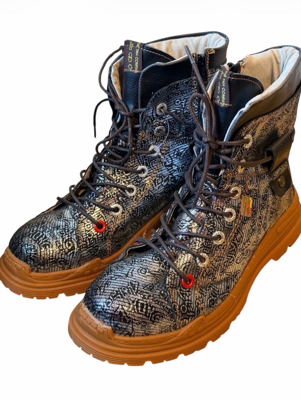 TMA Eyes Lace-Up Combat Boots Black Metallic Abstract Print Leather Boots EU 40